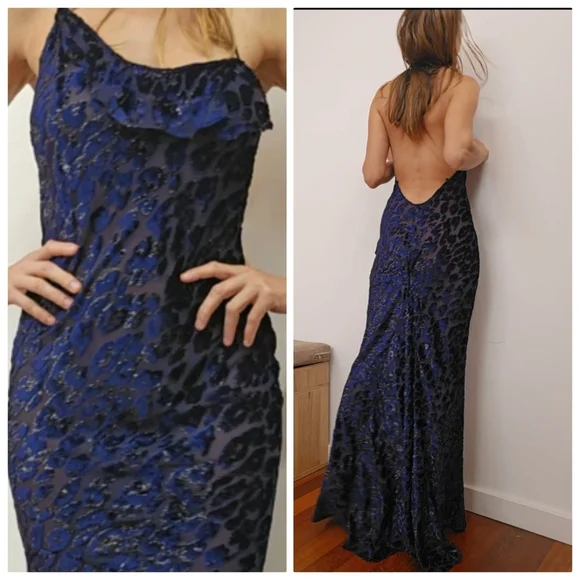 Nwot revolve studio pm Luxury Cobalt Velvet Leopard Semi Sheer Maxi Dress Gown s - Picture 3 of 7